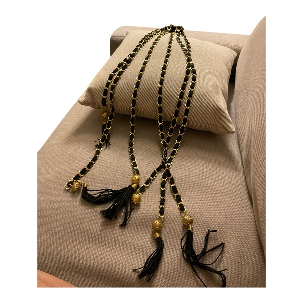 Vintage Gold Chain Link and Black Leather with Tassel Necklace Size M
